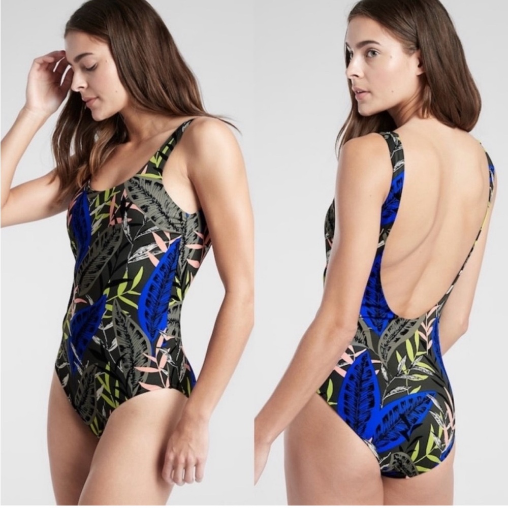 Athleta Blue and Green One Piece Swimsuit with Plunging V-Neckline